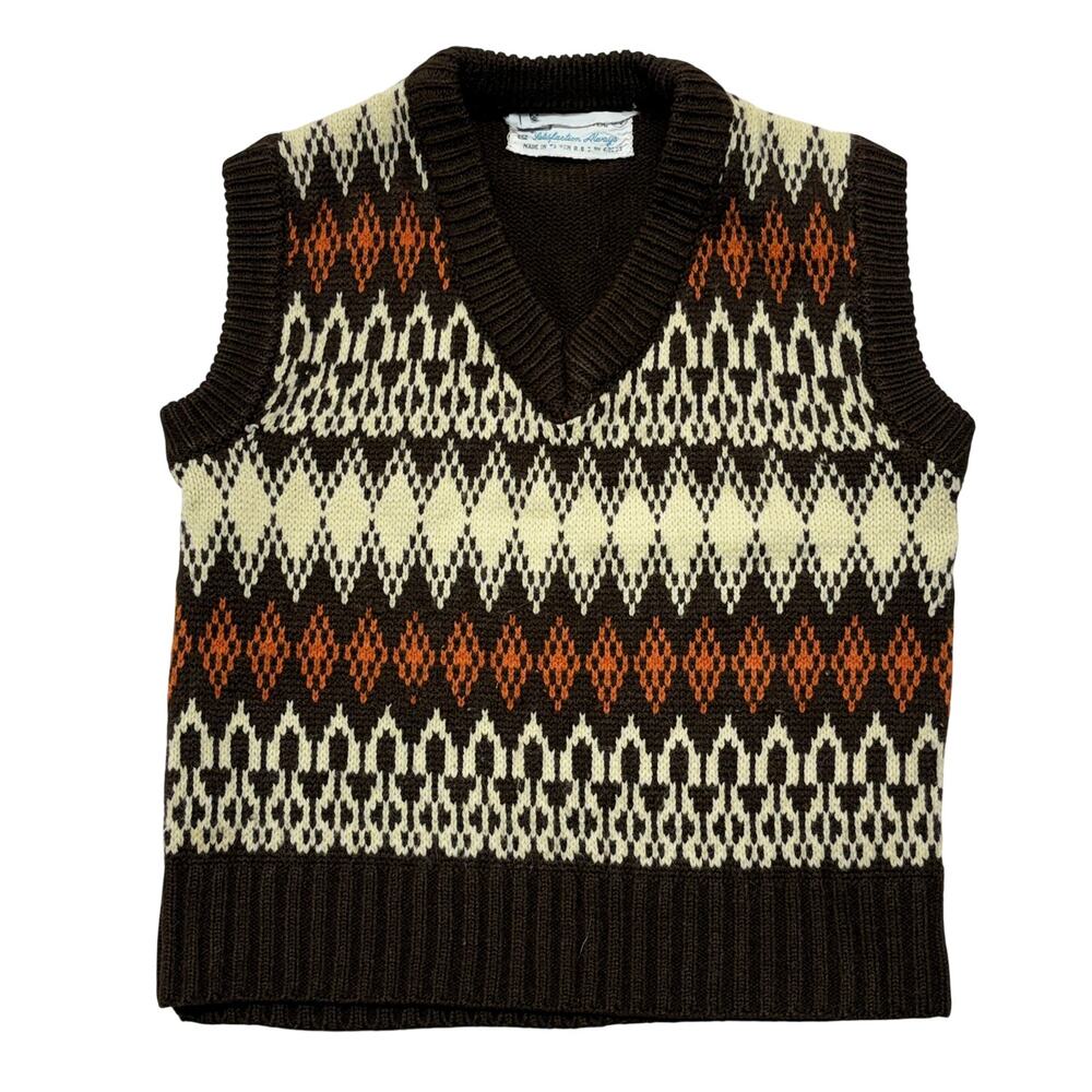 Vintage 70s Geometric Fair Isle Acrylic Kids Sweater Vest 5-6 Unisex Grandpa